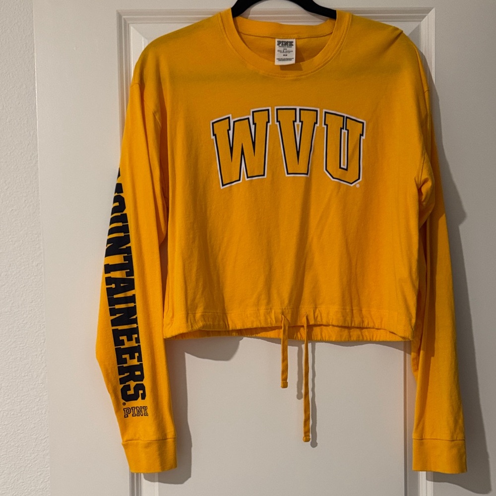 WVU West Virginia PINK Victoria’s Secret Gold Longsleeve Crop Cinch waist Medium